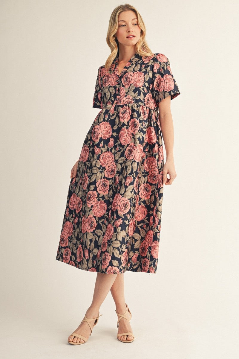 The Penelope Puff Shoulder Floral Jacquard Midi Dress - Navy
