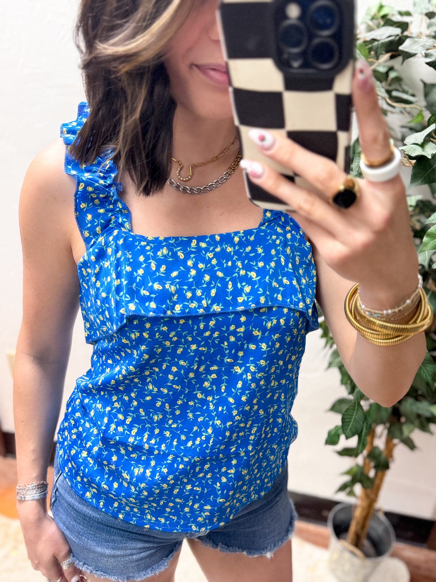 The Rebecca Flounce Tank Top - Blue Floral