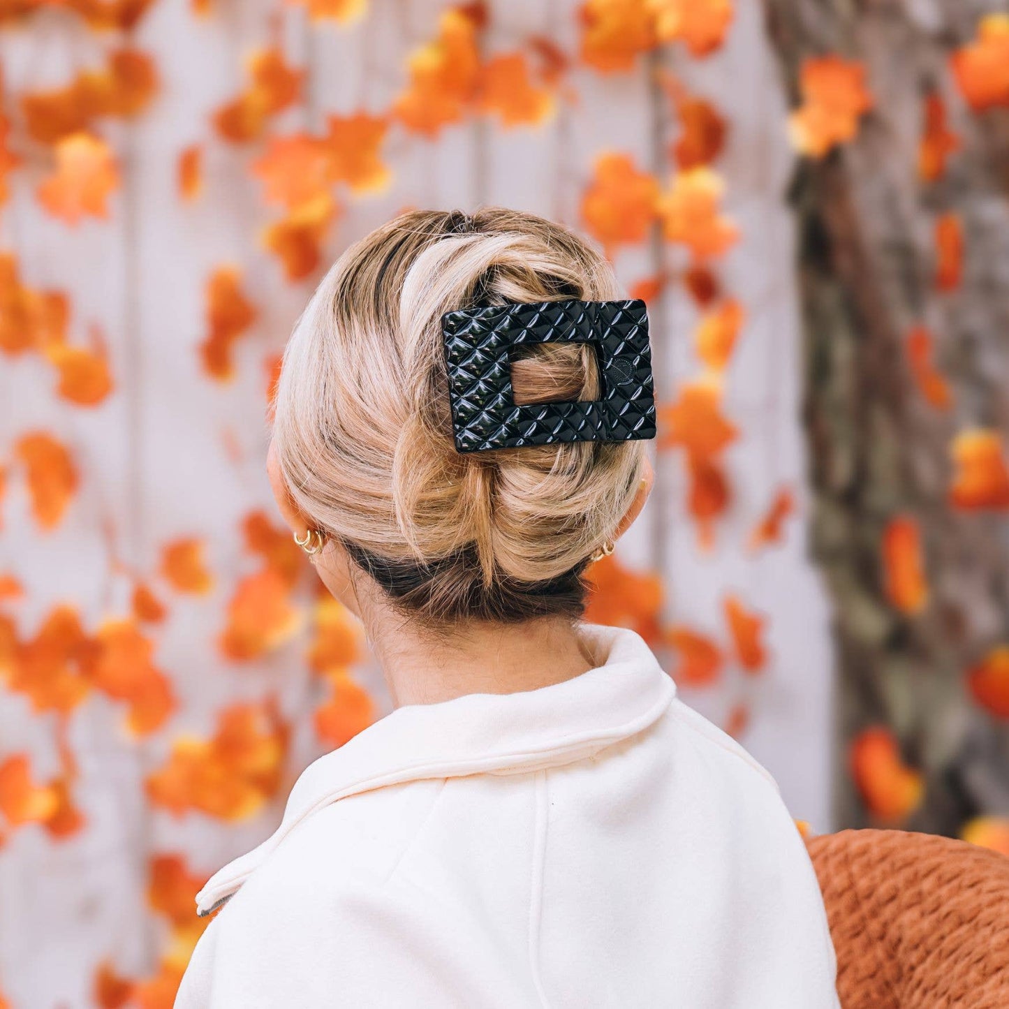 TELETIES - Large Flat Rectangle Hair Clip - Jet Black Quilted