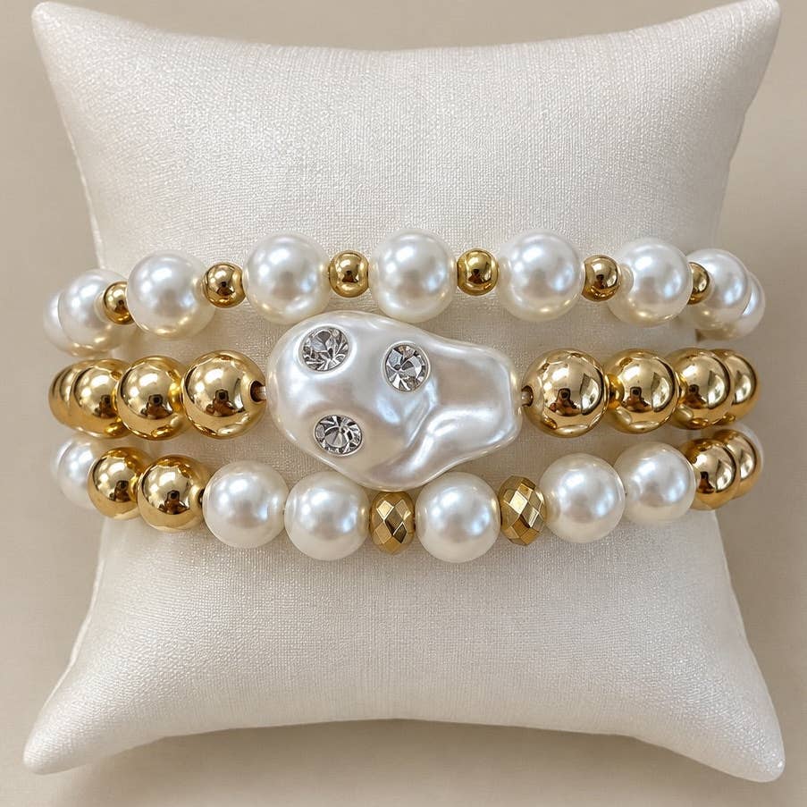 The Elvie Bracelet Stack - Pearl/Gold