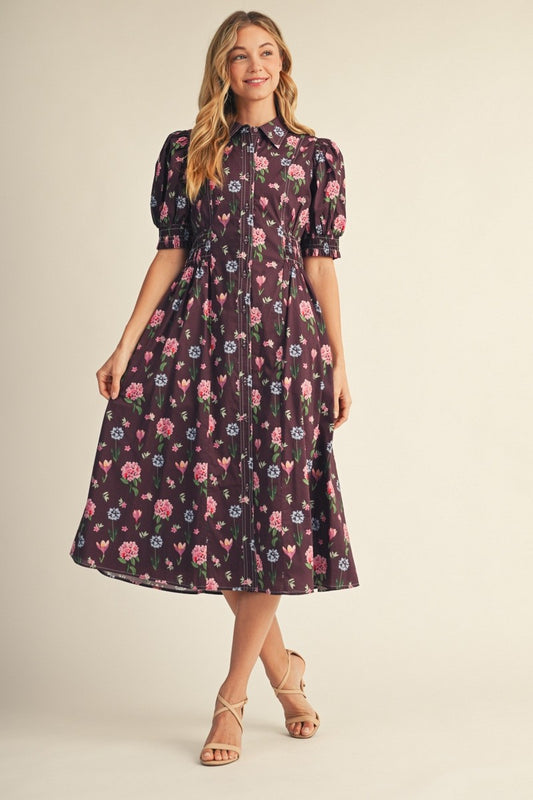 The Amelia Smocking Detail Button Down Floral Midi Dress - Eggplant