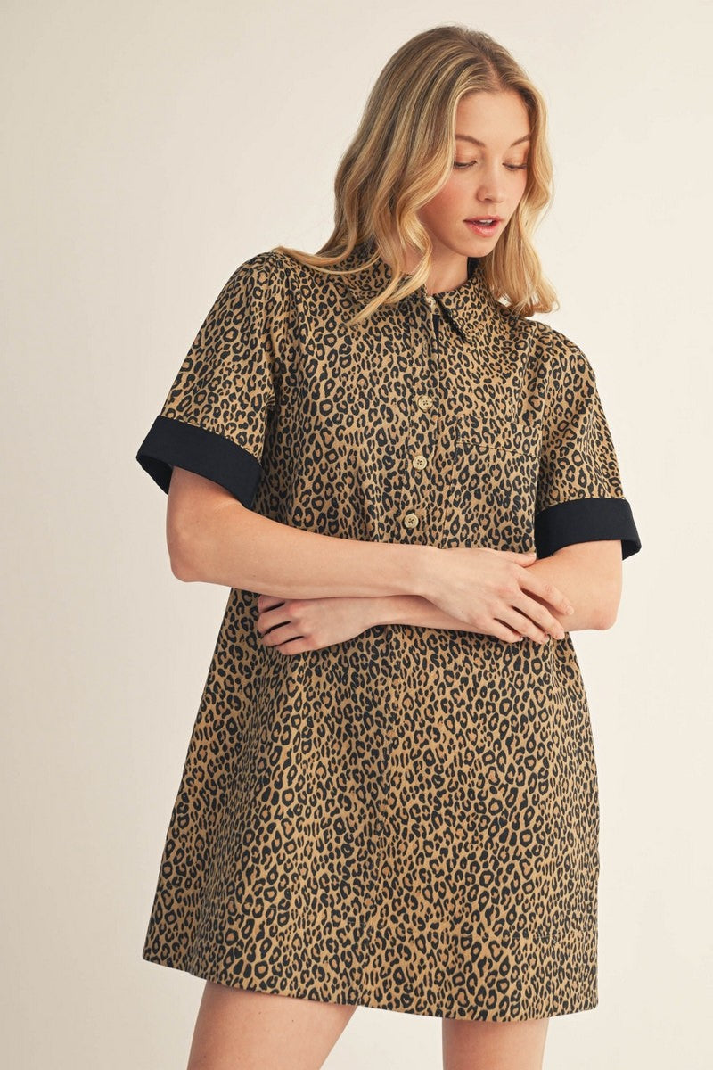 The Malorie Color Contrast Accent Leopard Dress - Taupe