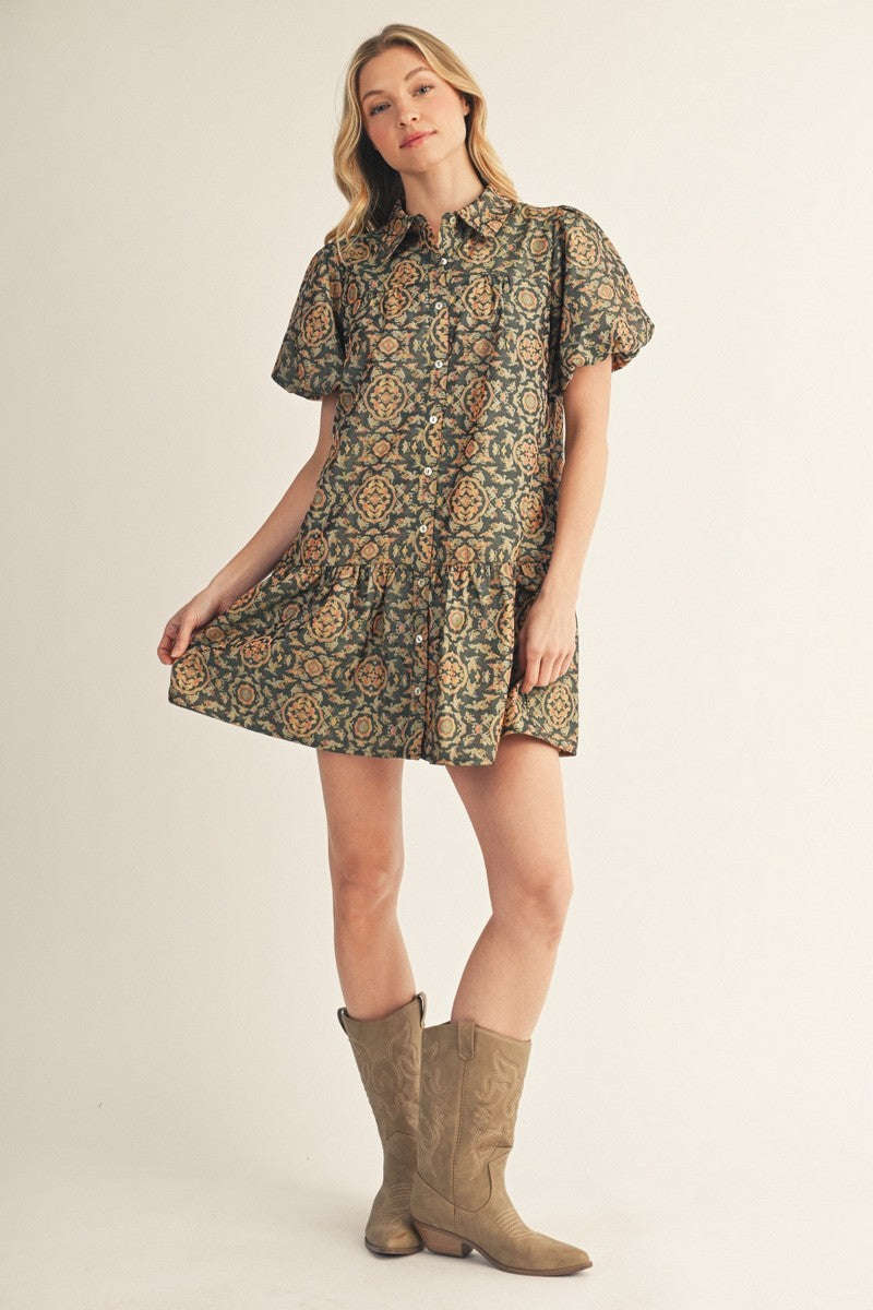 The Velda Puff Sleeves Baroque Jacquard Dress
