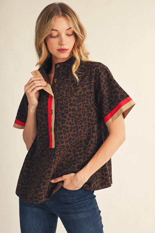 The Camren Contrast Accent Mock Neck Leopard Top - Brown