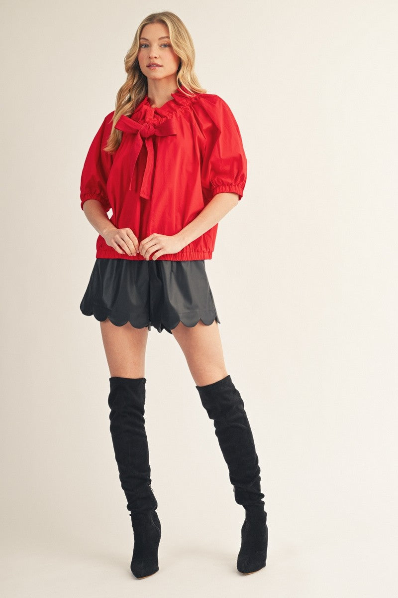 The Macyn Bow Drawstring Neckline Woven Top - Red