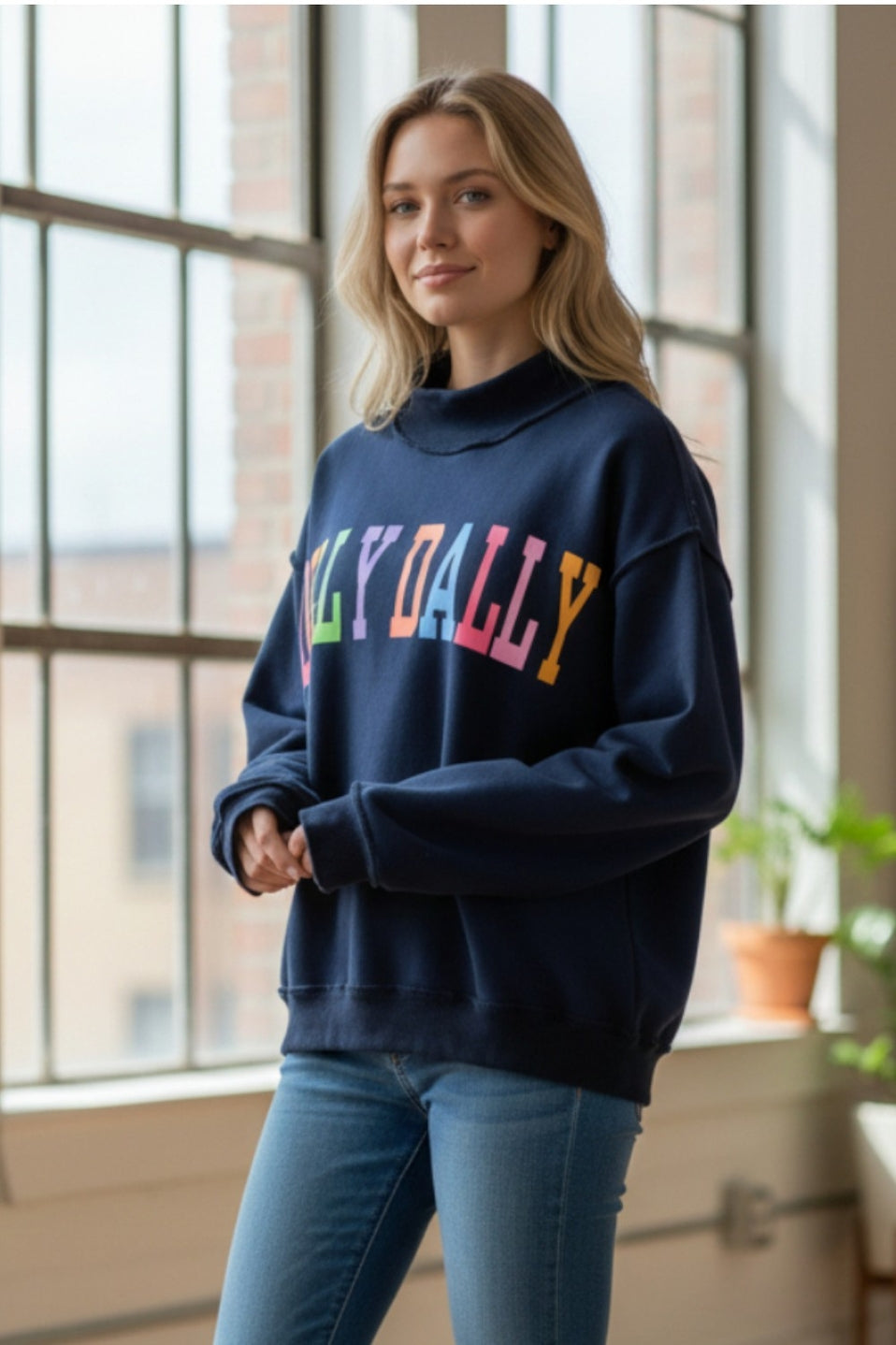 The Dilly Dally Reversible Mock Neck Sweatshirt - Navy/Rainbow