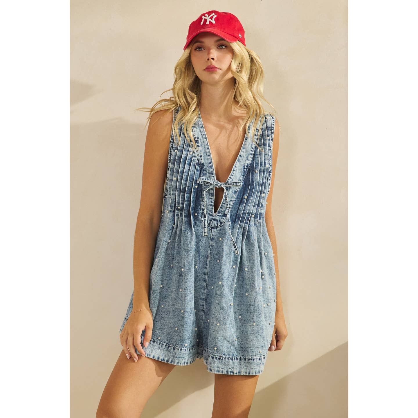 The Brenna Pleated All Over Pearl Denim Romper - Medium Wash