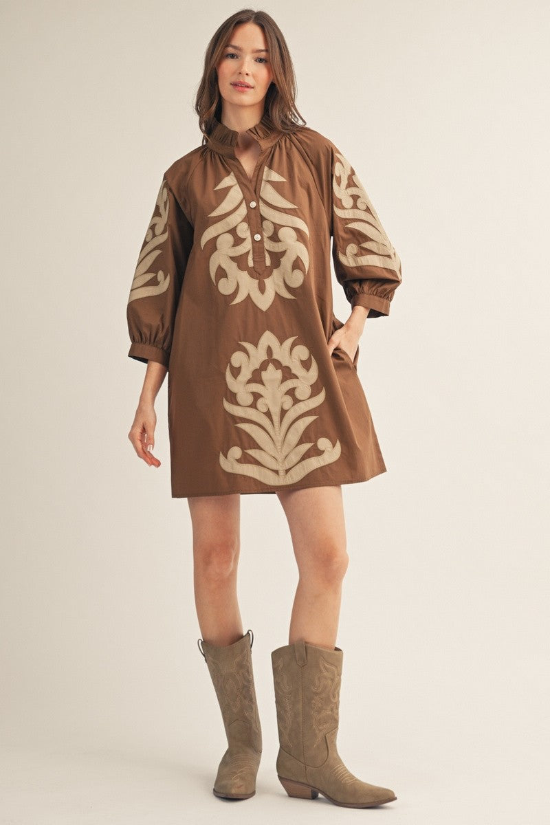 The Abilene Baroque Appliqué Shift Dress - Brown