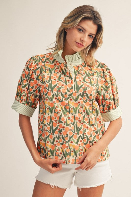 The Elley Stripe Contrast Detail Floral Top - Orange