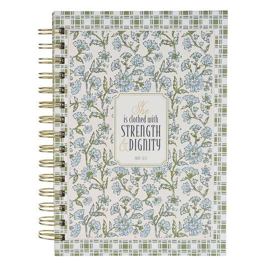 A spiral-bound journal with a cream cover decorated with a blue and green floral pattern and a central quote that reads 'She is clothed with STRENGTH & DIGNITY PHILIPPIANS 4:13'.