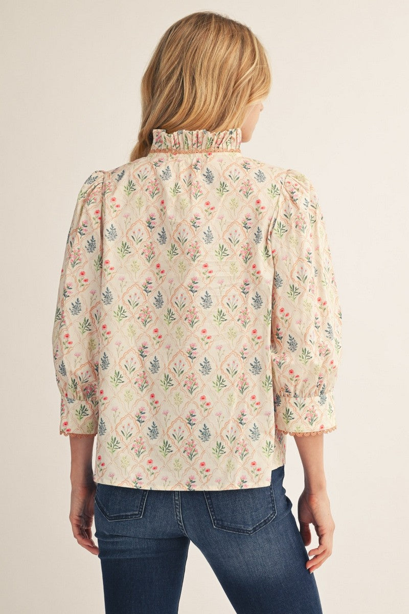 The Fauna Ruffle Neck Floral Pleated Top - Cream