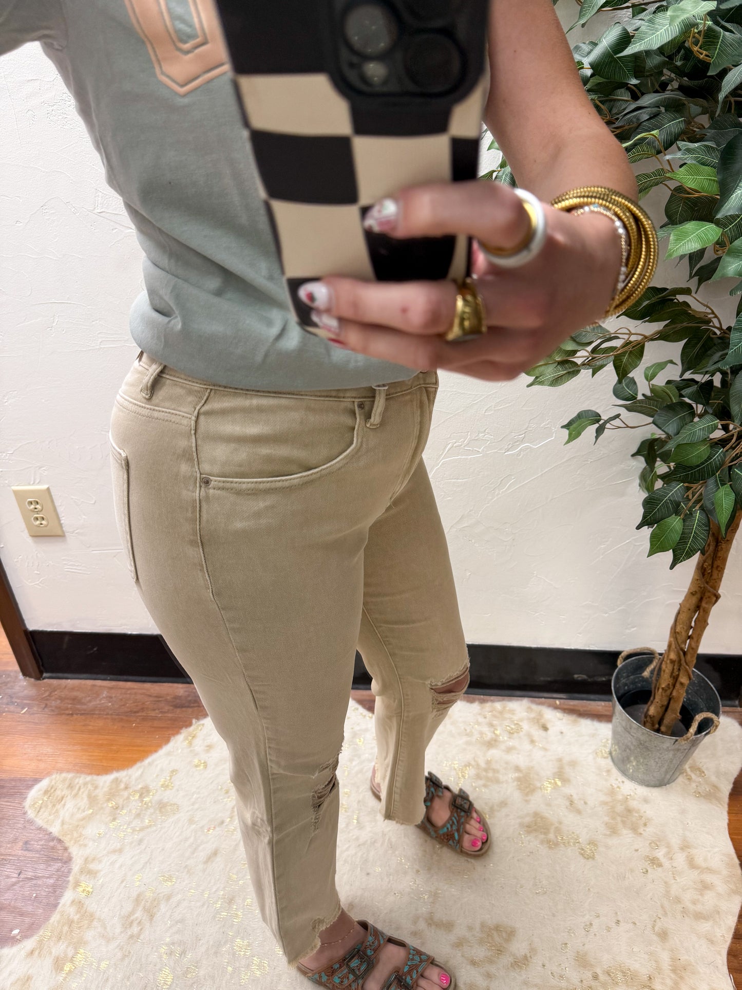 The Tristan Acid Wash High Waist Distressed Straight Pants - Sand Beige