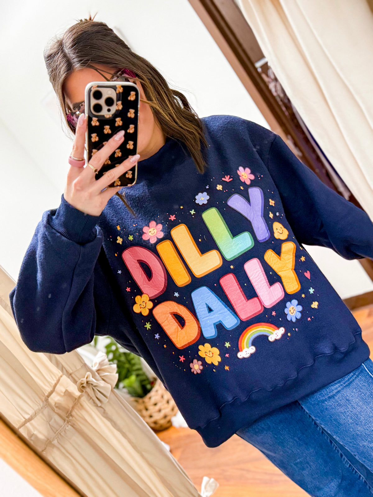 The Dilly Dally Reversible Mock Neck Sweatshirt - Navy/Rainbow