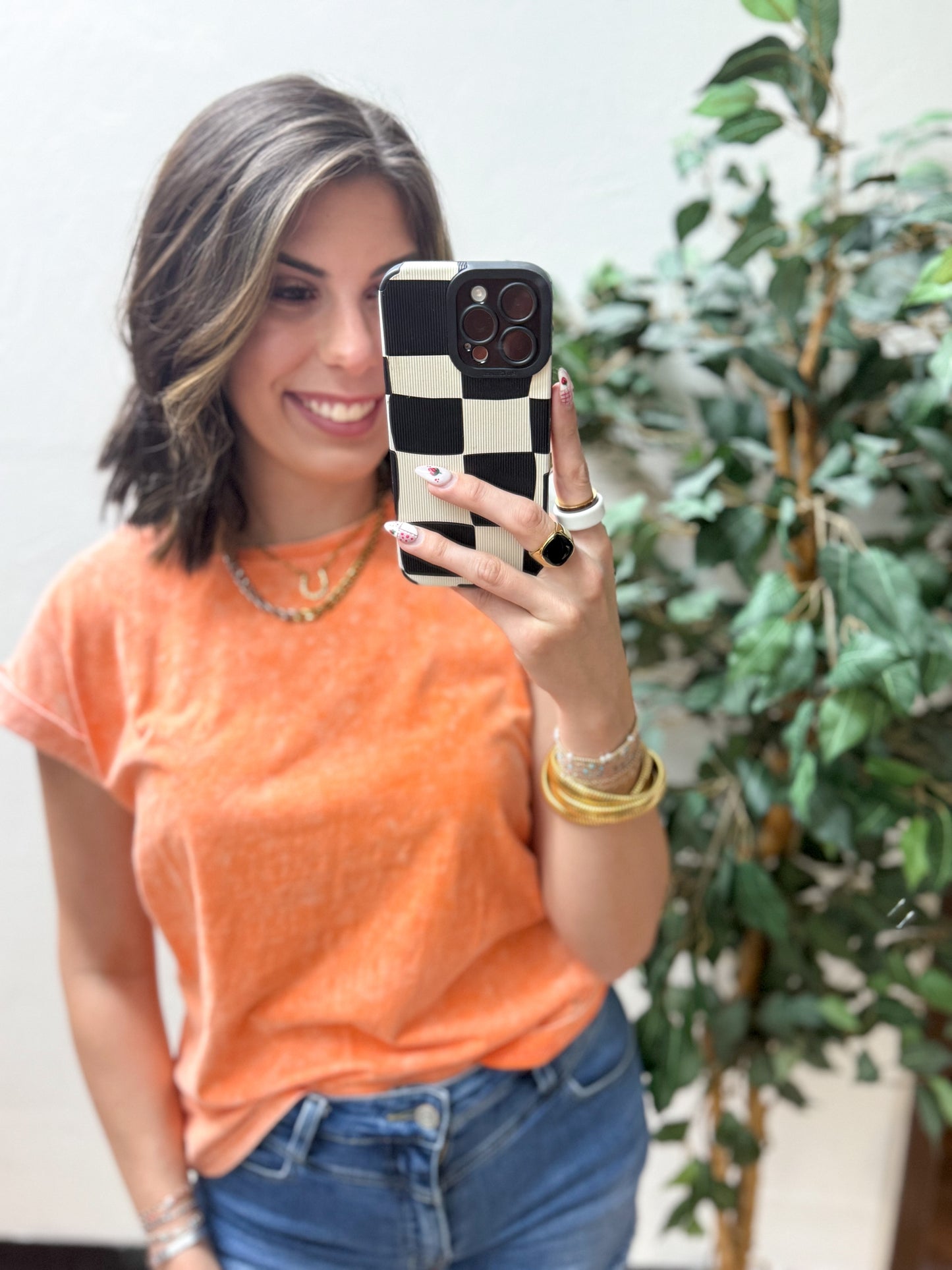 The Lina Halo Acid Wash Cuffed Tee - Orange