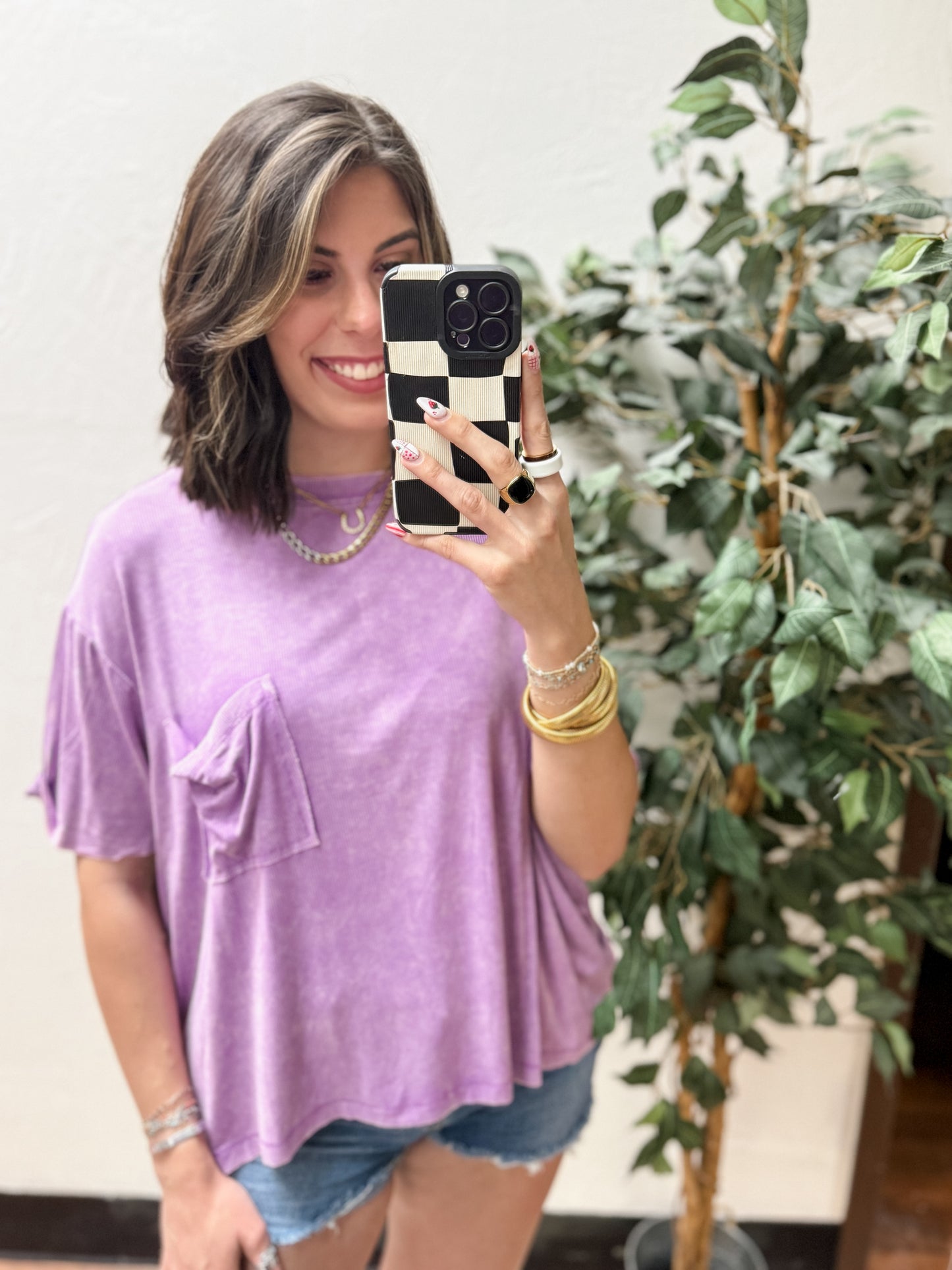 CURVY - The Kora Acid Wash Ribbed Cuffed Tee - Bright Violet