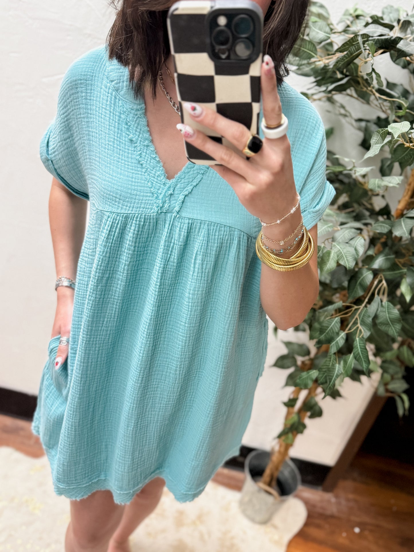 CURVY - The Kaylin Gauze Raw Edge V-neck Dress - Dusty Teal