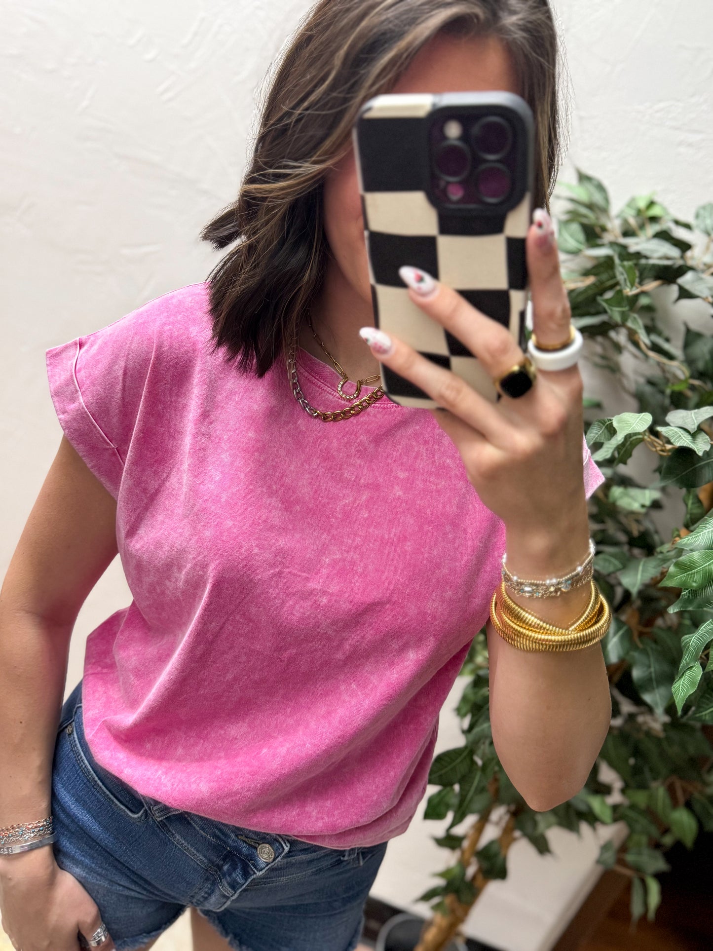 The Lina Halo Acid Wash Cuffed Tee - Hot Pink