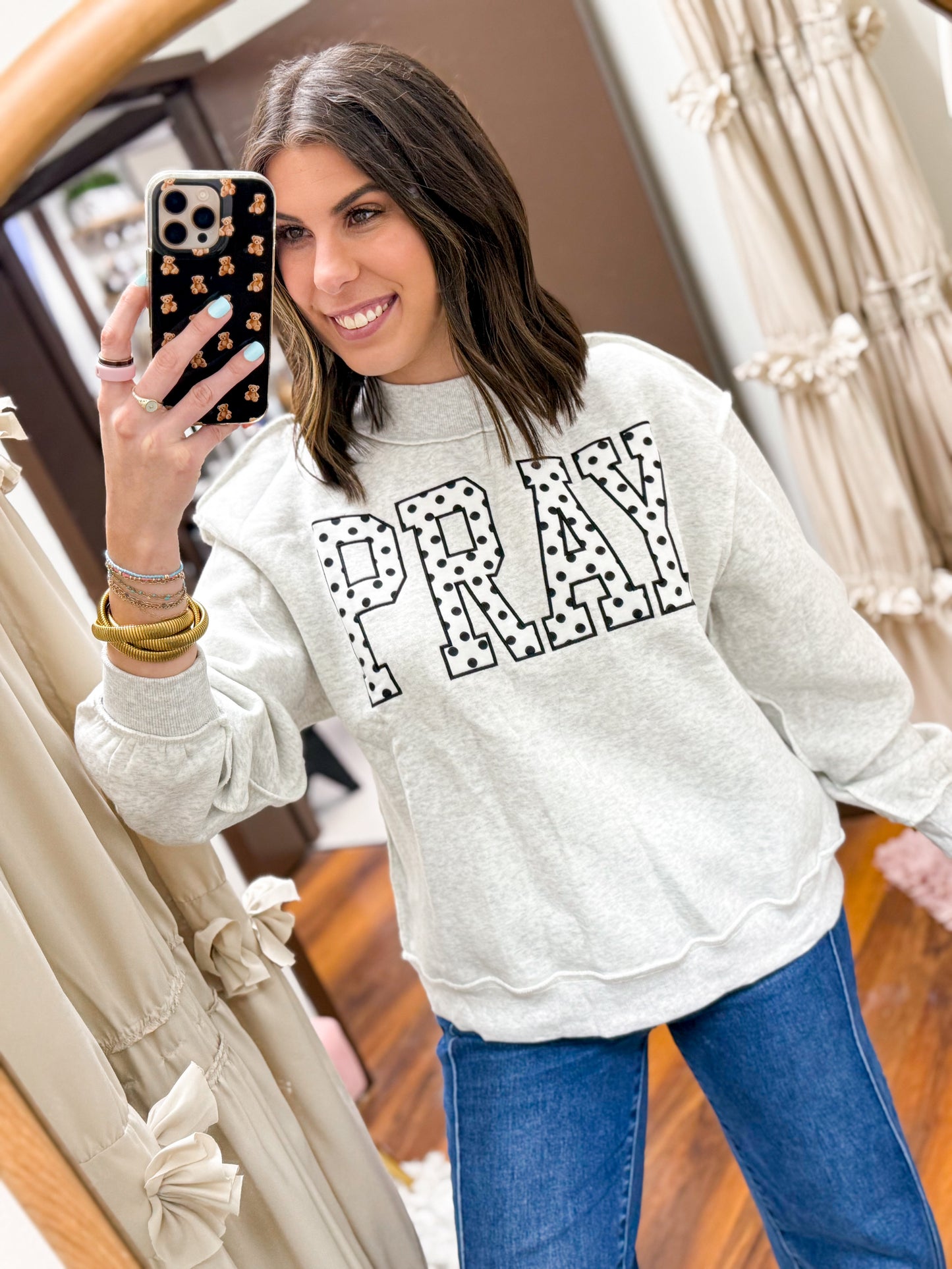 The Polka Dot Pray Patchwork Mock Neck Sweatshirt