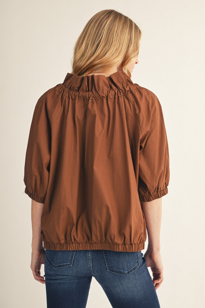 The Macyn Bow Drawstring Neckline Woven Top - Brown