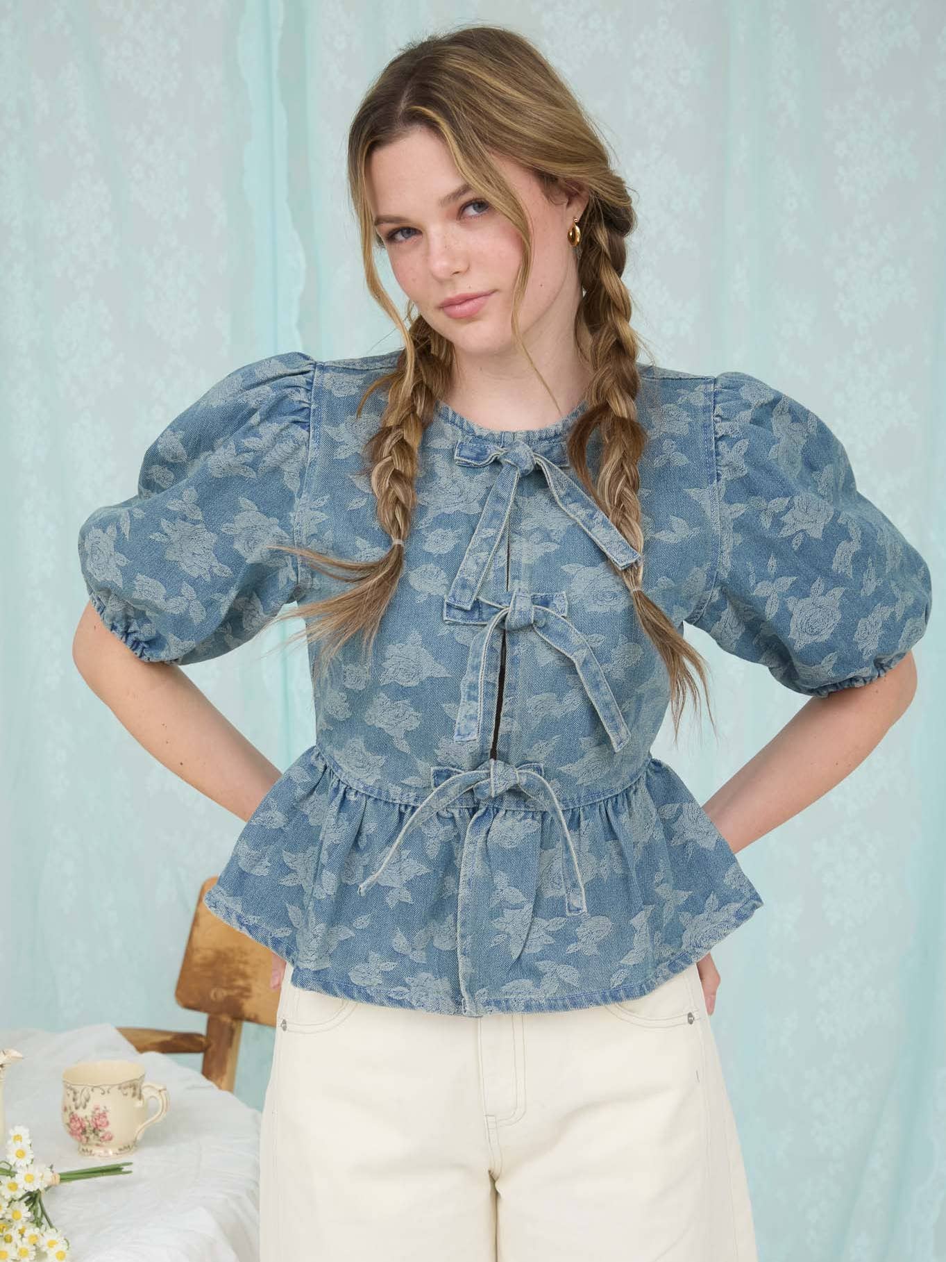 The Marlowe Rose Front Tie Puff Sleeve Denim Top