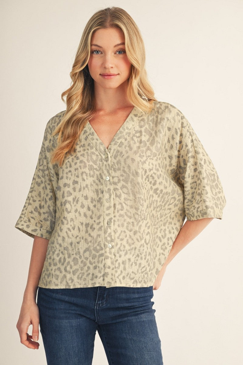 The Hayden Metallic Leopard Button Down Top - Dusty Sage