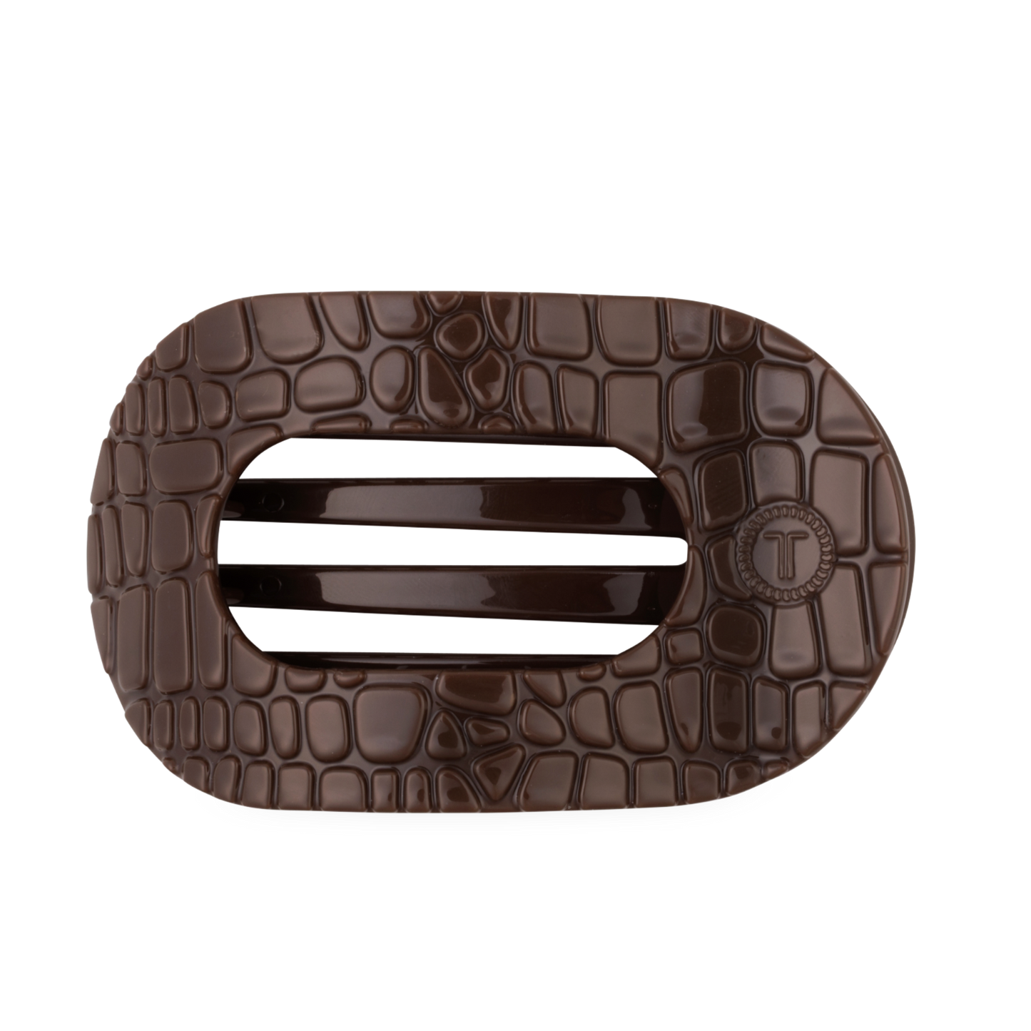 TELETIES - Large Flat Round Hair Clip - Brown Crocodile