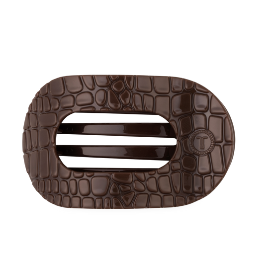 TELETIES - Large Flat Round Hair Clip - Brown Crocodile