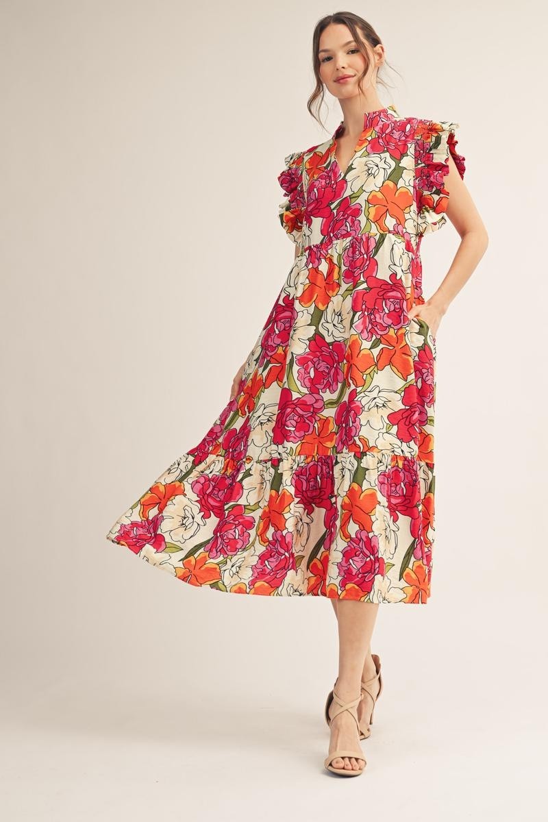 The Keri Ruffle Sleeve Floral Midi Dress - Red