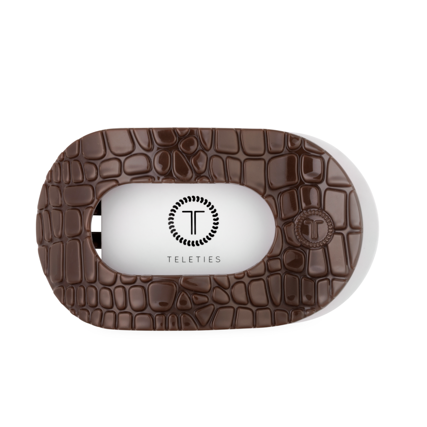 TELETIES - Large Flat Round Hair Clip - Brown Crocodile