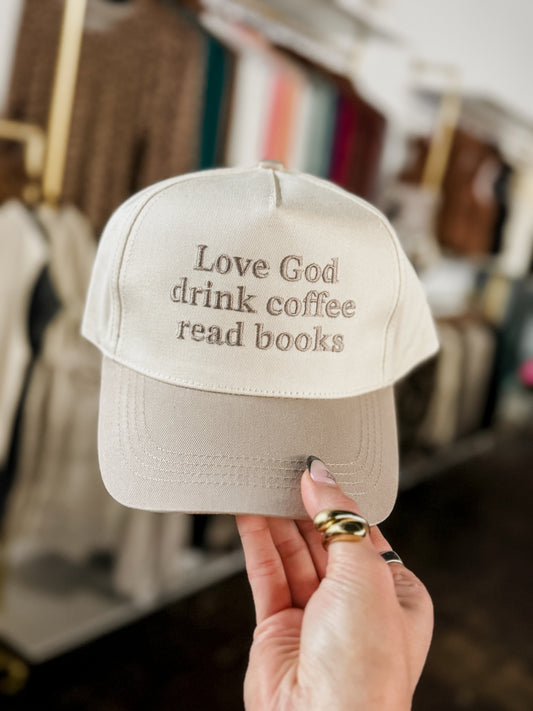The "Love God, Drink Coffee, Read Books" Hat - Tan