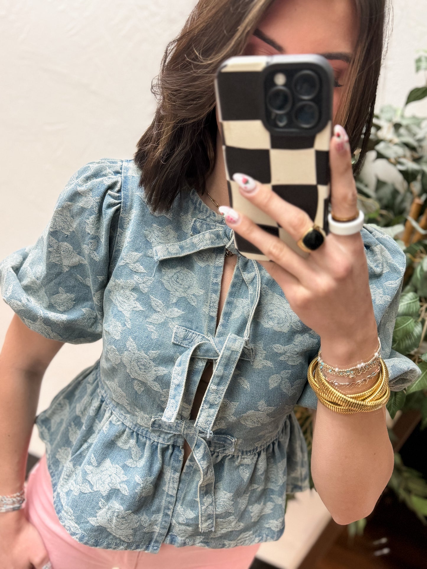 The Marlowe Rose Front Tie Puff Sleeve Denim Top