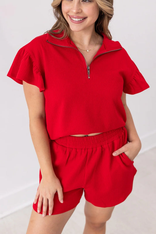 FINAL SALE - The Halee Quarter Zip w/ Flutter Sleeves - Red