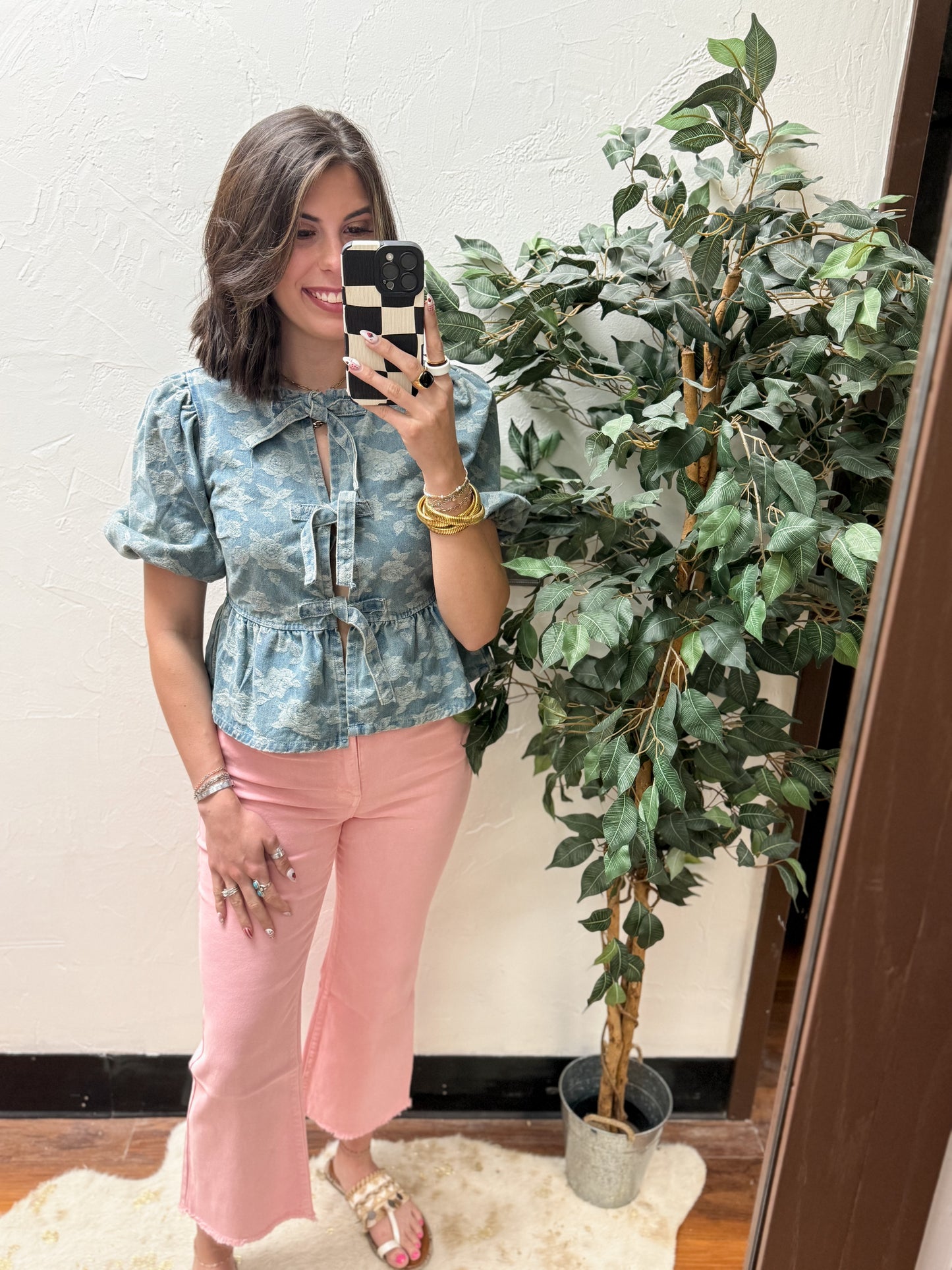 The Marlowe Rose Front Tie Puff Sleeve Denim Top