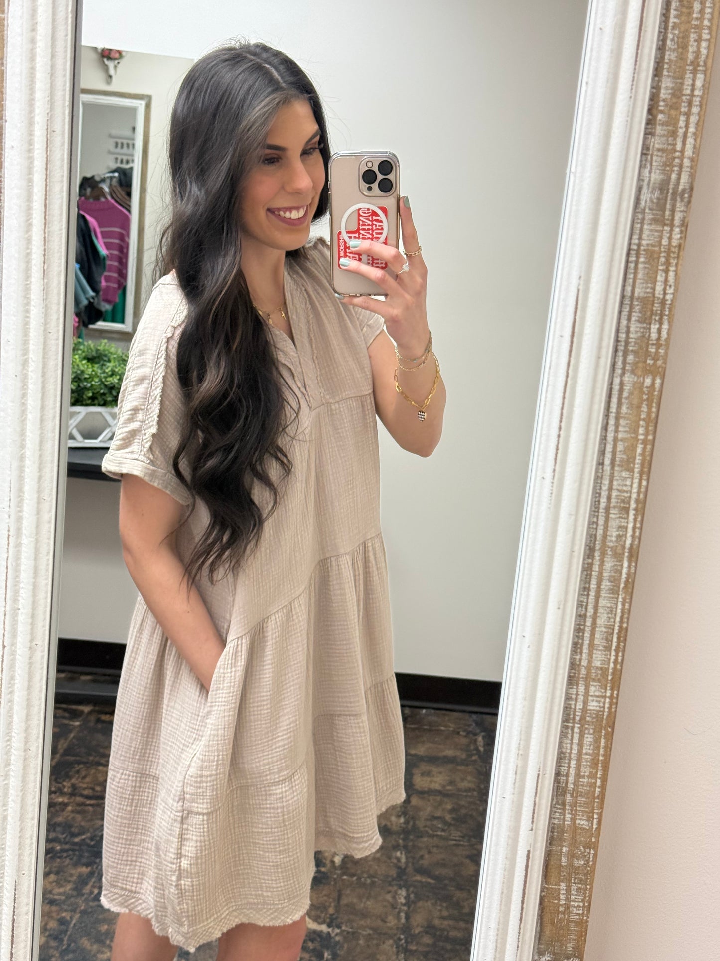 The Dani Gauze V-Neck Dress - Ash Mocha
