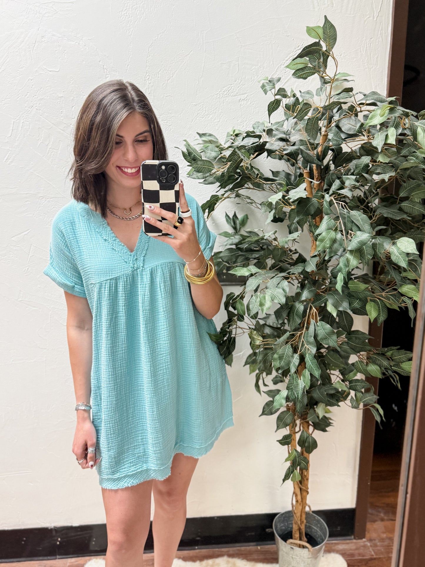 CURVY - The Kaylin Gauze Raw Edge V-neck Dress - Dusty Teal