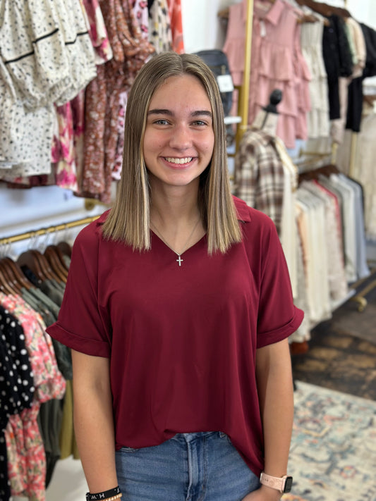 FINAL SALE - The Cara Collared Top - Maroon