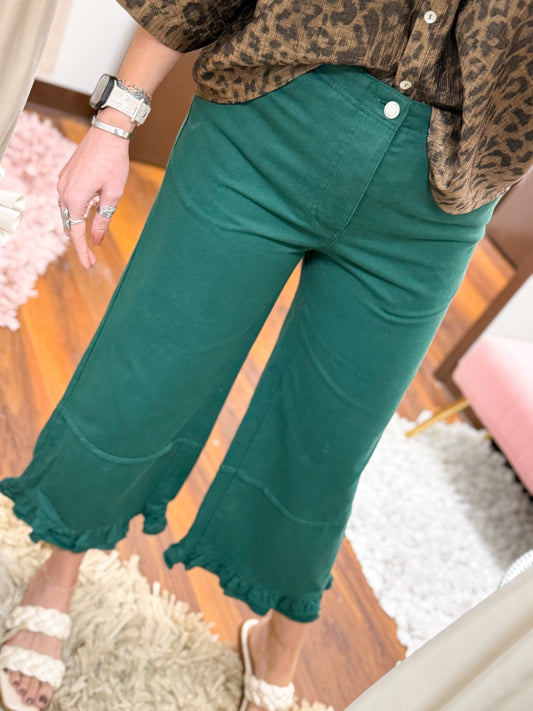 The Camden Ruffle Hem Wide Leg Casual Pants - Green
