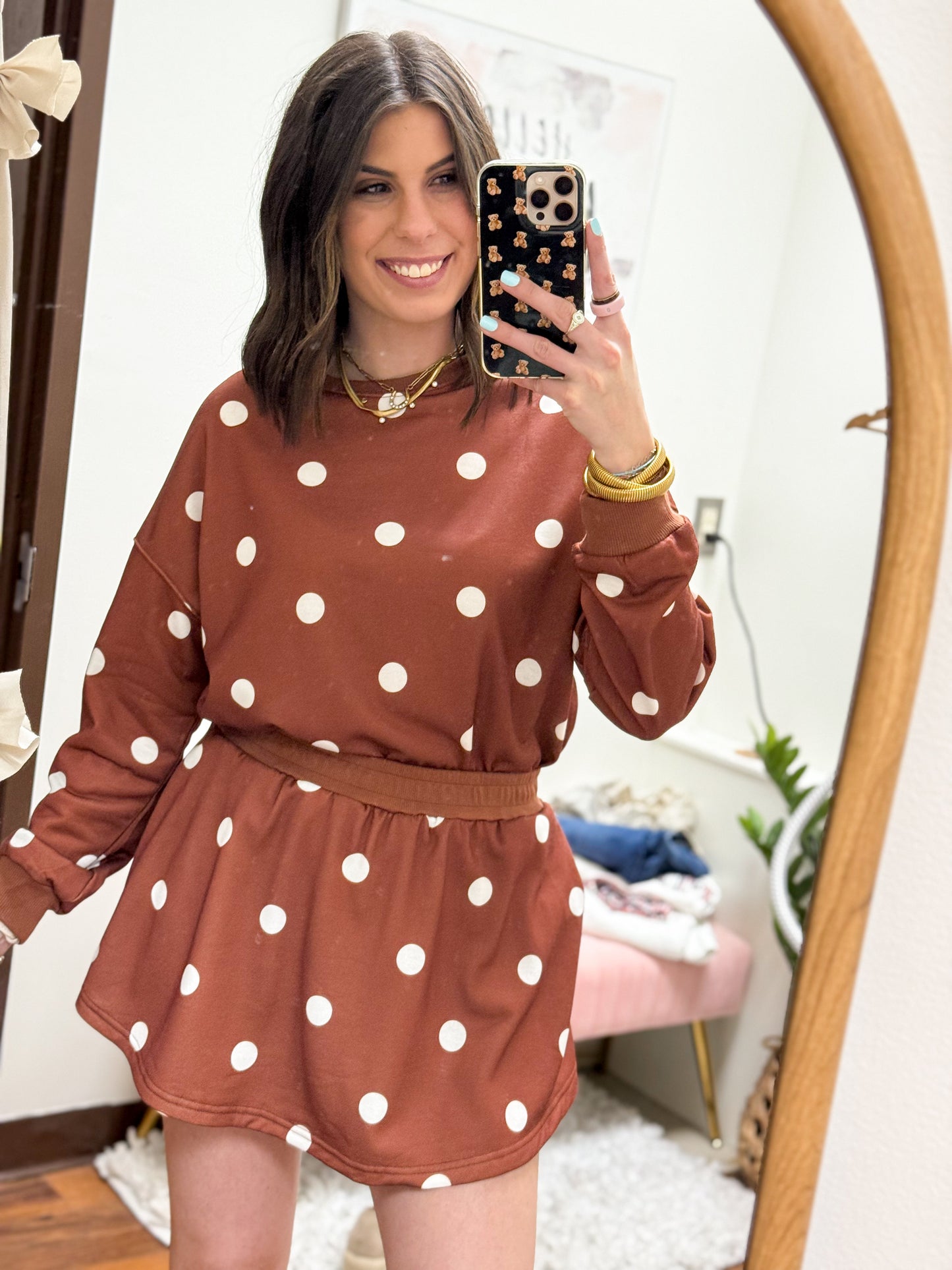 The Dottie Polka Dot Casual Mini Skort Set - Brown