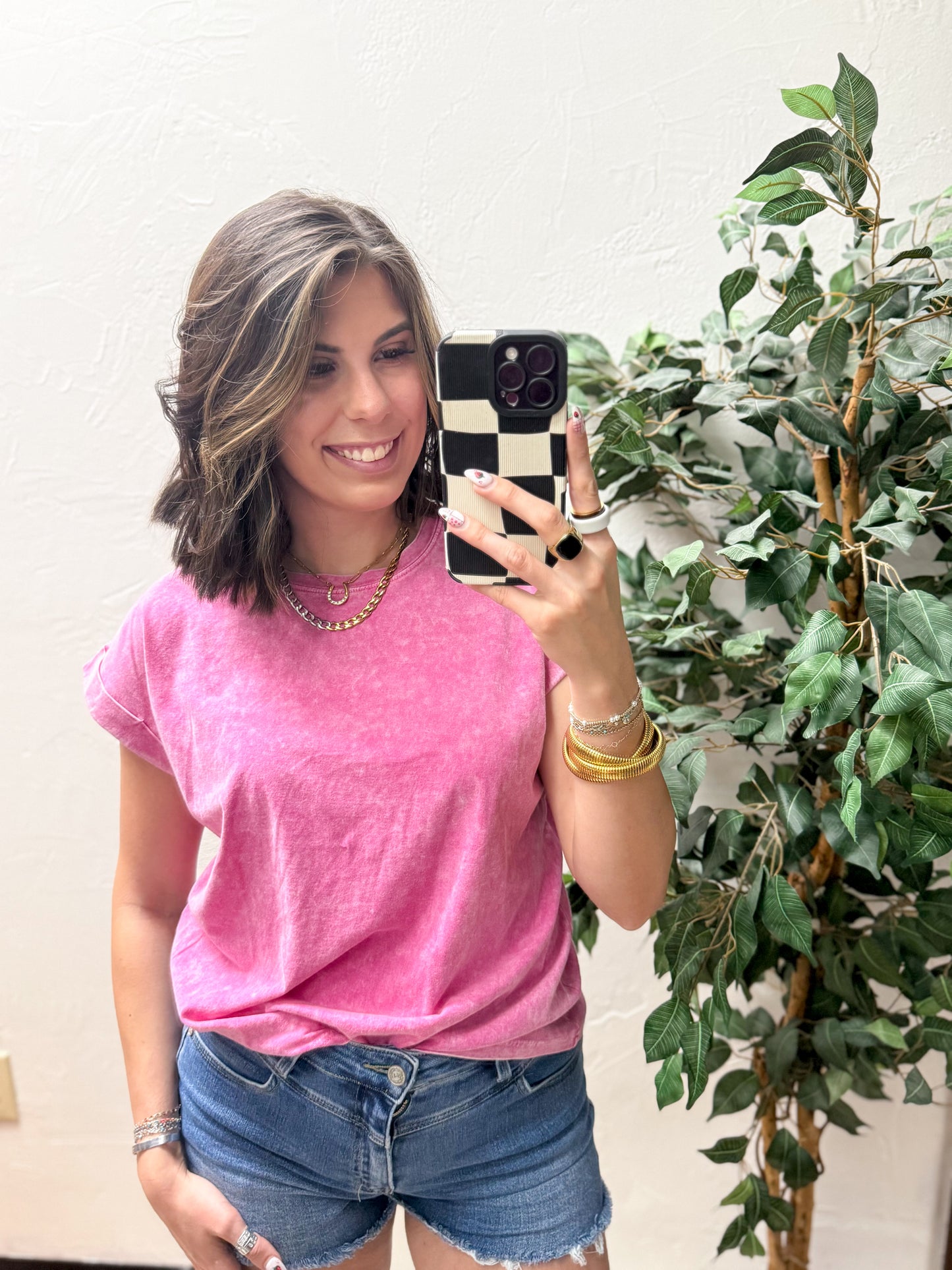 The Lina Halo Acid Wash Cuffed Tee - Hot Pink