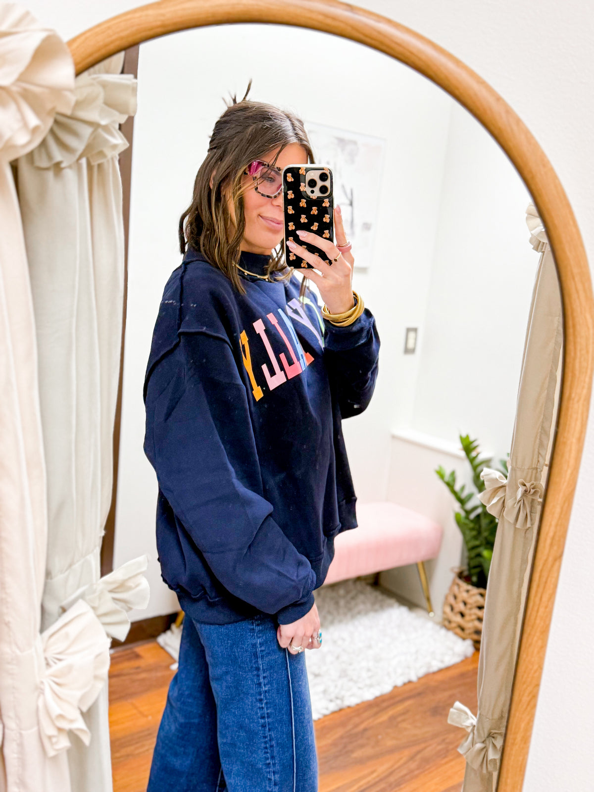 The Dilly Dally Reversible Mock Neck Sweatshirt - Navy/Rainbow