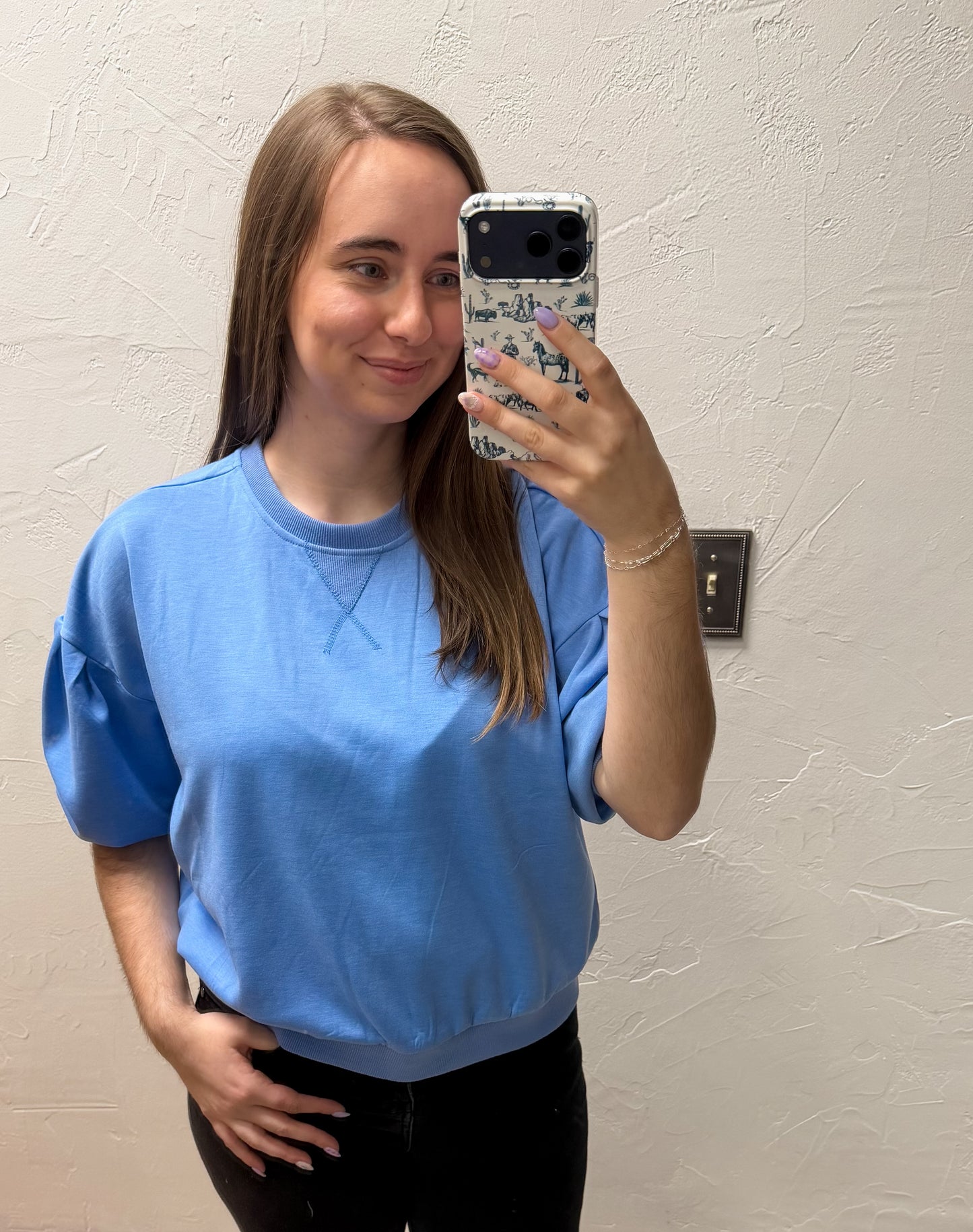 The Lola Scuba Dolman Sleeve Pullover - Cornflower Blue