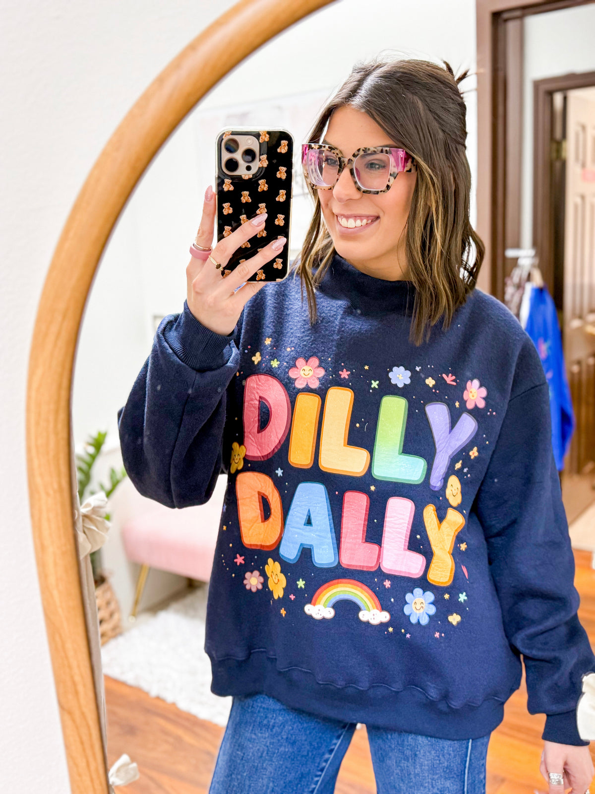 The Dilly Dally Reversible Mock Neck Sweatshirt - Navy/Rainbow