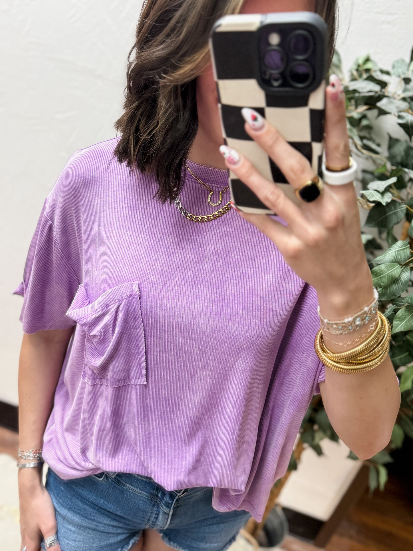 CURVY - The Kora Acid Wash Ribbed Cuffed Tee - Bright Violet