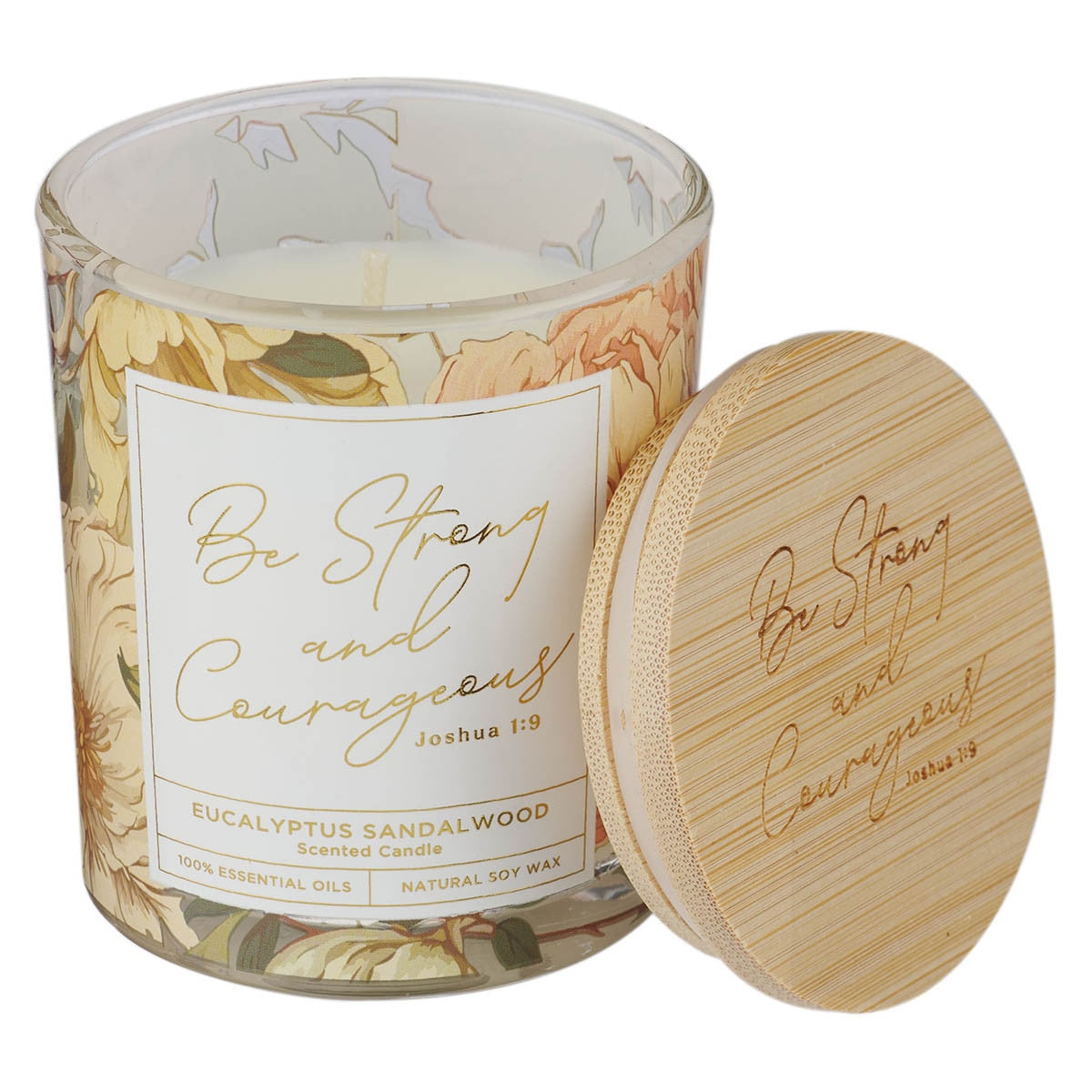 Be Strong and Courageous Eucalyptus Sandalwood Scented Glass Jar Candle - Joshua 1:9