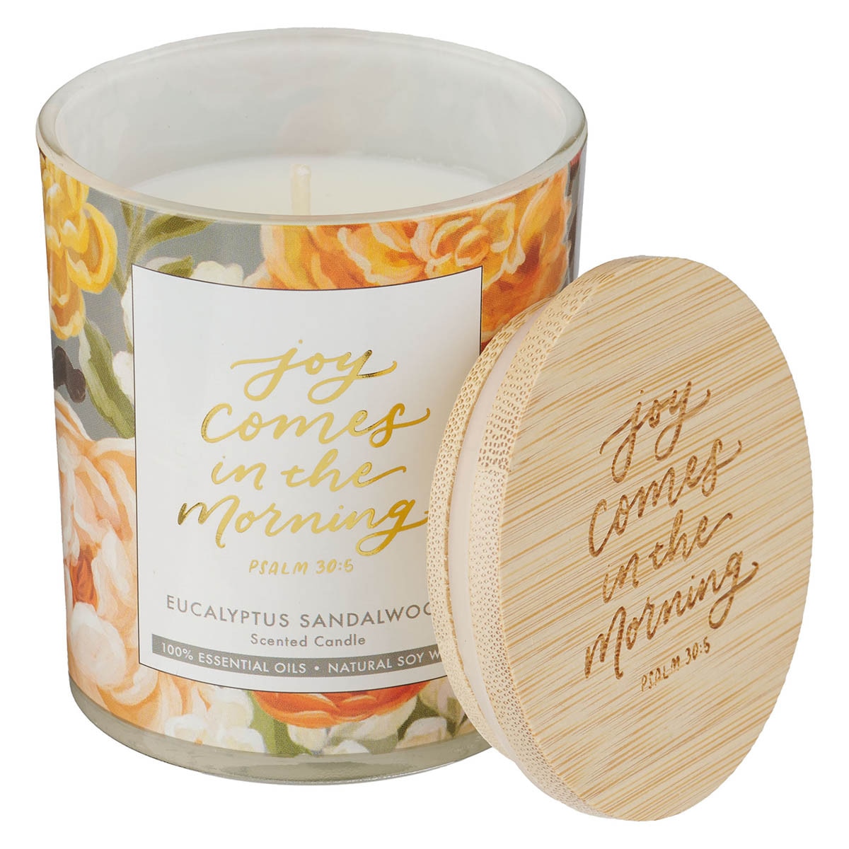 Joy Comes in the Morning Eucalyptus Sandalwood Scented Glass Jar Candle - Psalm 30:5