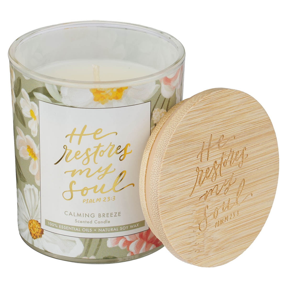 He Restores My Soul Calming Breeze Scented Glass Jar Candle - Psalm 23:3
