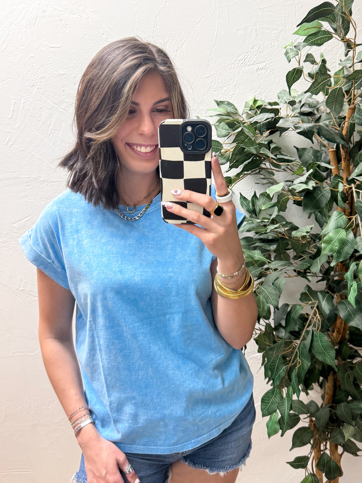 CURVY - The Lina Halo Acid Wash Cuffed Tee - Sky Blue