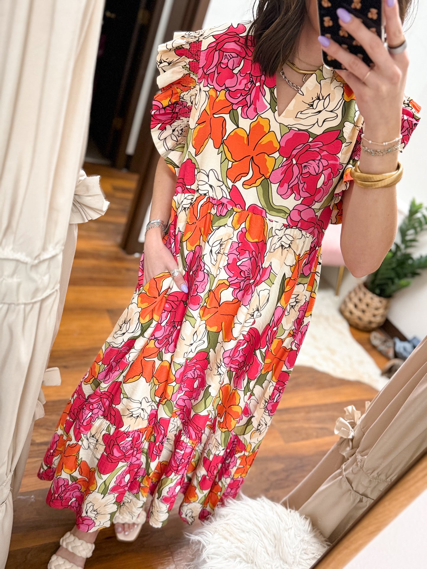 The Keri Ruffle Sleeve Floral Midi Dress - Red