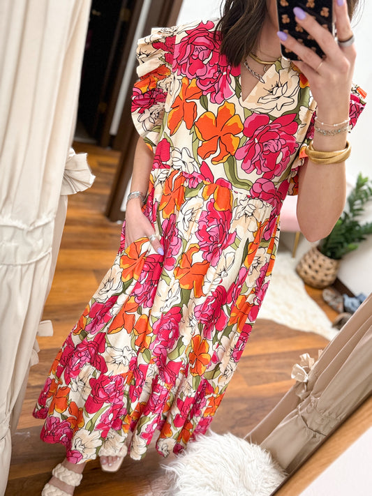 The Keri Ruffle Sleeve Floral Midi Dress - Red