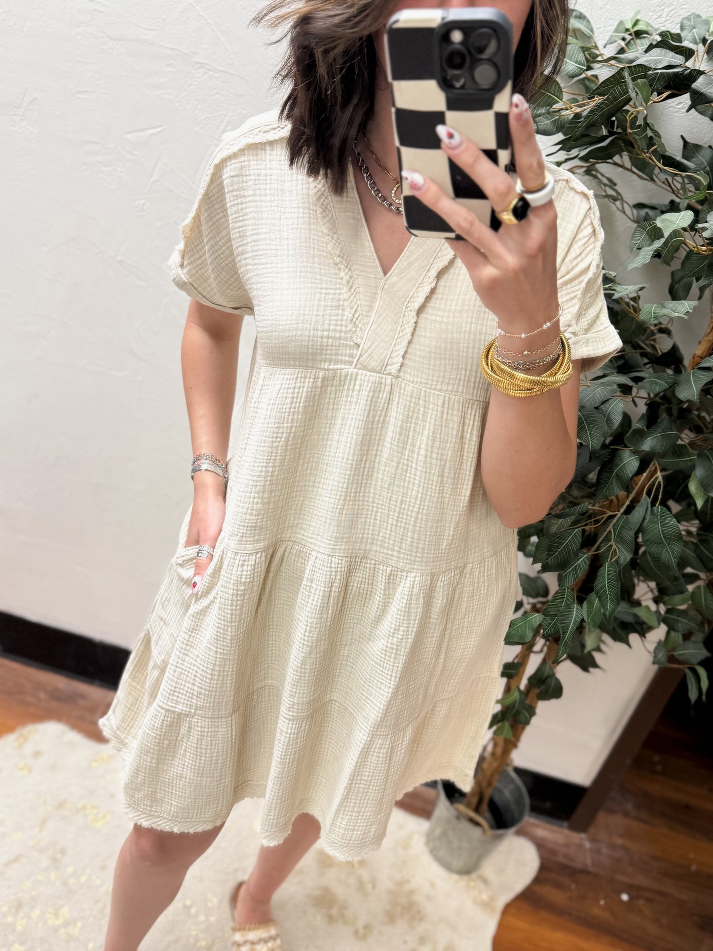 The Dani Gauze V-Neck Dress - Ash Mocha